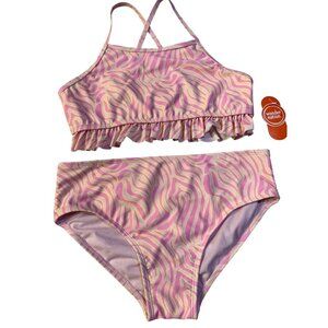Wonder Nation Girls XXL 18 Pink & Yellow Zebra Print Two-Piece Swimsuit w ruffle